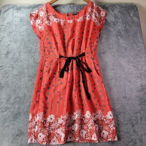 BeBop Womens L Coral Floral Border Print Dress Tie Waist Boho Spring Summer
